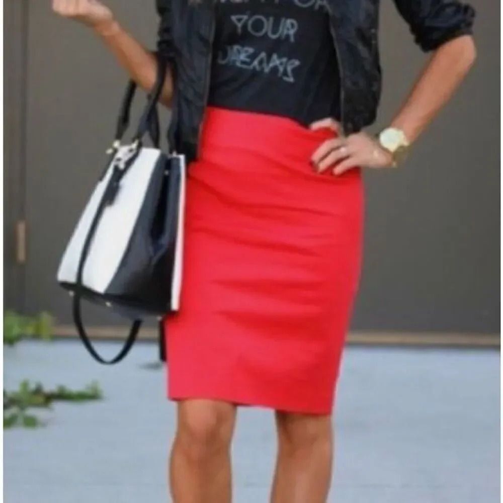 HALOGEN | Red Knee Length Pencil Skirt Lined Cotton Blend‎ Side Zip | Size 14